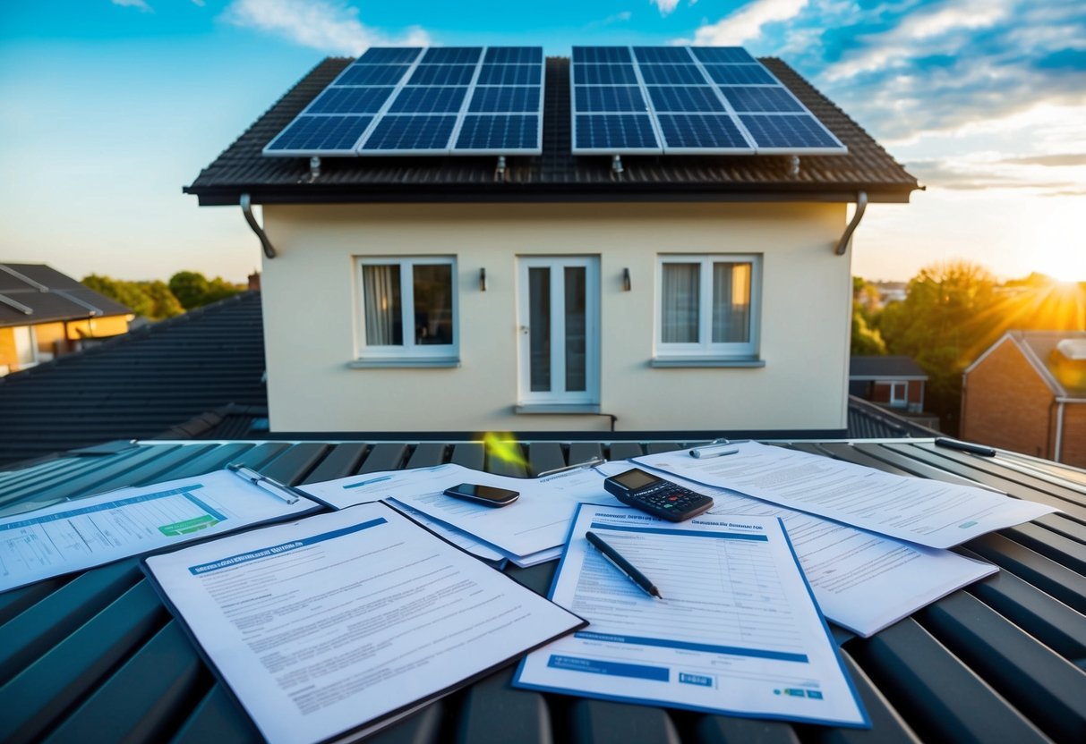 Un techo soleado con paneles solares siendo instalados en una casa de 150m2, rodeado de documentos y trámites legales para la instalación solar.