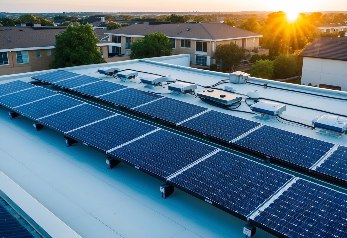 Paneles solares instalados en los techos de edificios elegibles, respaldados por tecnología avanzada y subsidiados por subvenciones en 2025