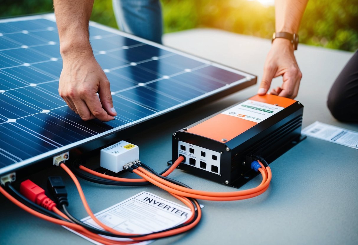 Un panel solar siendo conectado a un inversor mediante cables y conectores, con etiquetas e instrucciones claras visibles cerca.