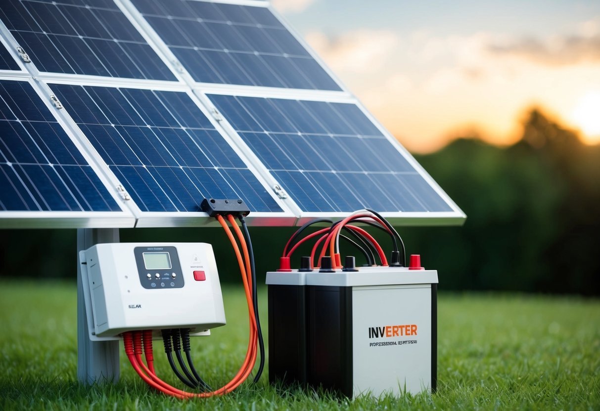 Un panel solar conectado a un controlador de carga y baterías, con cables que conducen a un inversor