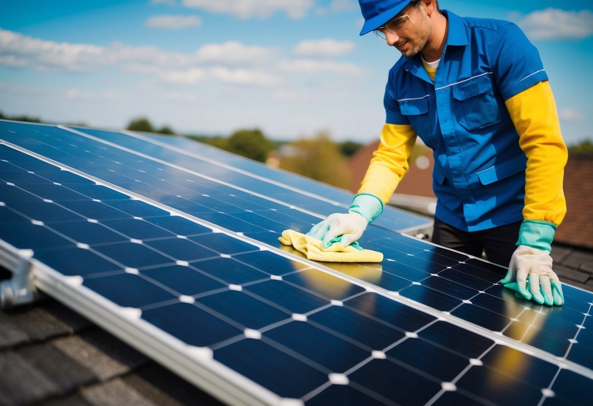 Una persona con equipo de protección limpia cuidadosamente los paneles solares en un techo con un paño suave y una solución de limpieza suave.