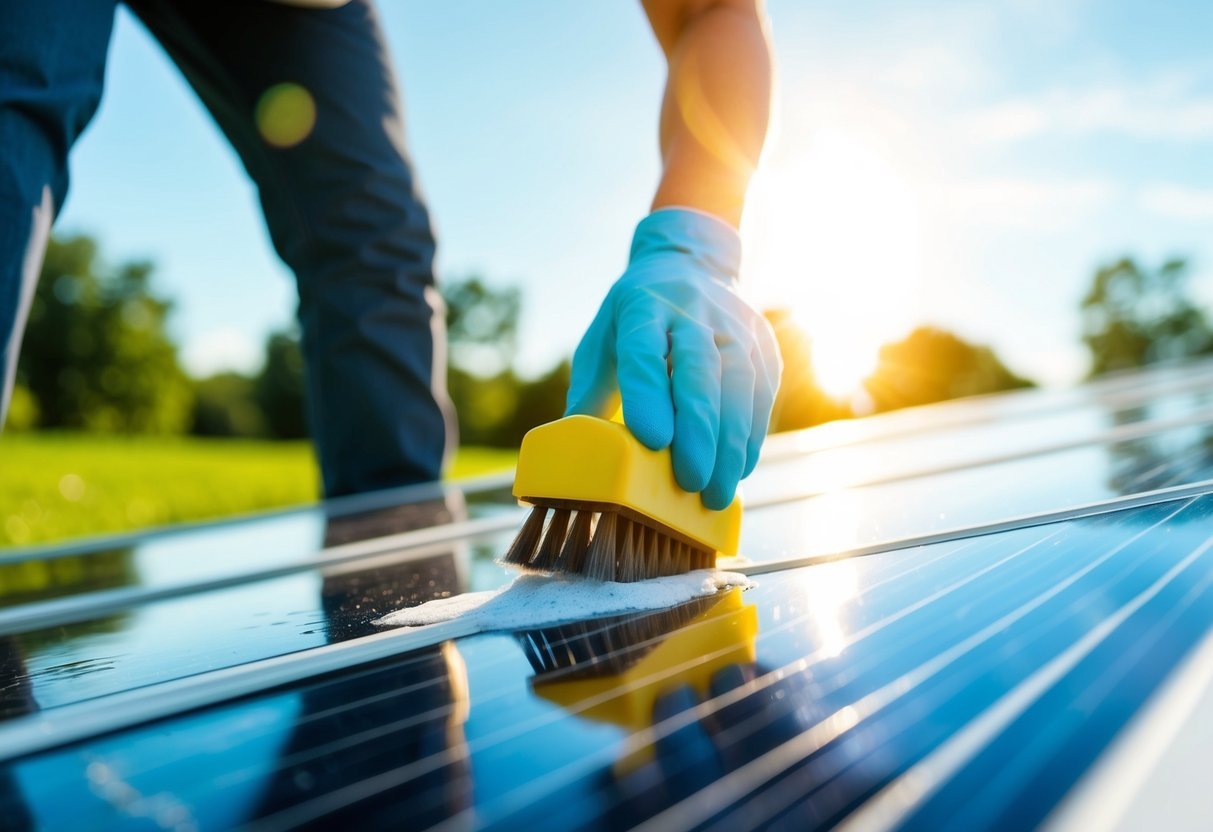 Una persona usando un cepillo suave y agua jabonosa para limpiar paneles solares en un día soleado
