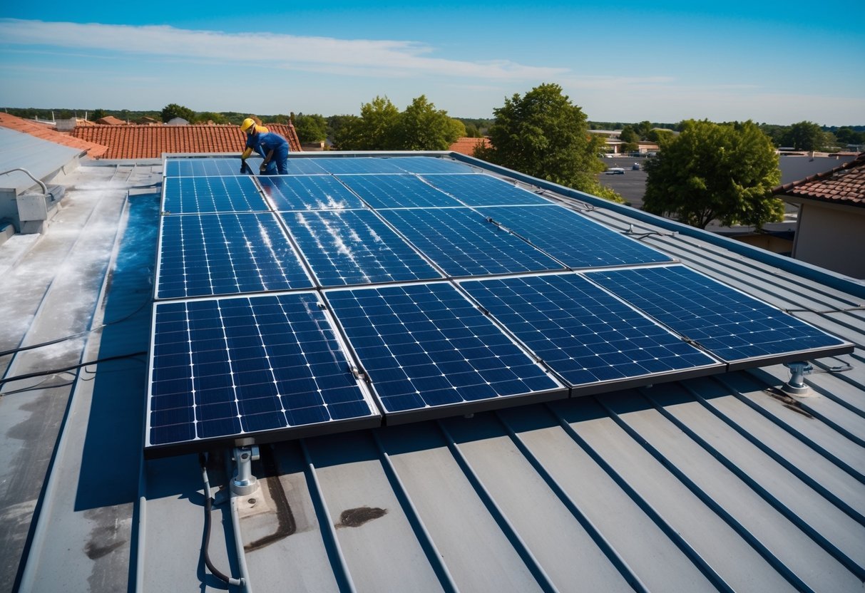 Una azotea soleada con paneles solares siendo limpiados en varios momentos del día