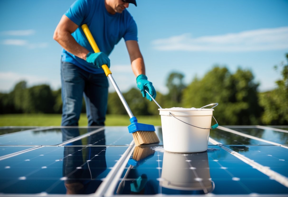 Una persona limpiando paneles solares con un cepillo de mango largo y un balde de agua jabonosa en un día soleado
